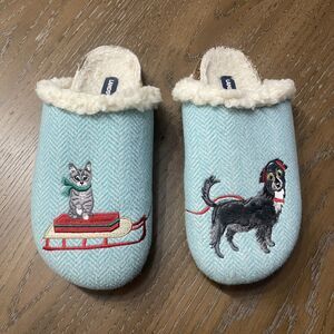 Lands End Christmas Slippers Womens Size 8 Slip On Herringbone Lined Cat Dog